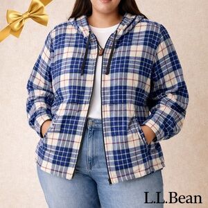 L.L.Bean Plaid Hoodie Flannel Shirt Jacket Relaxed Fit Blue Red 1X